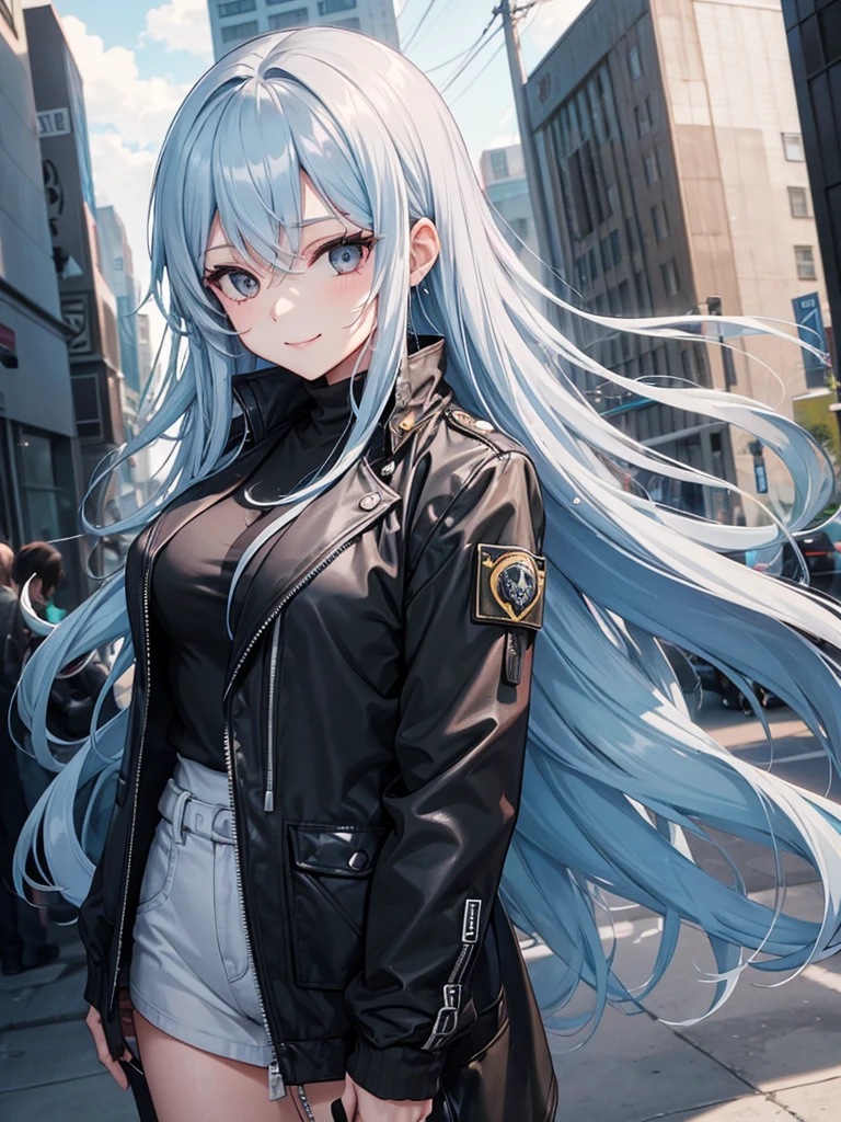 woman, long curry wavy light blue hair, dark gray black eyes, independent woman, kind smile. mature woman. mafia. wear jacket. girl boss.