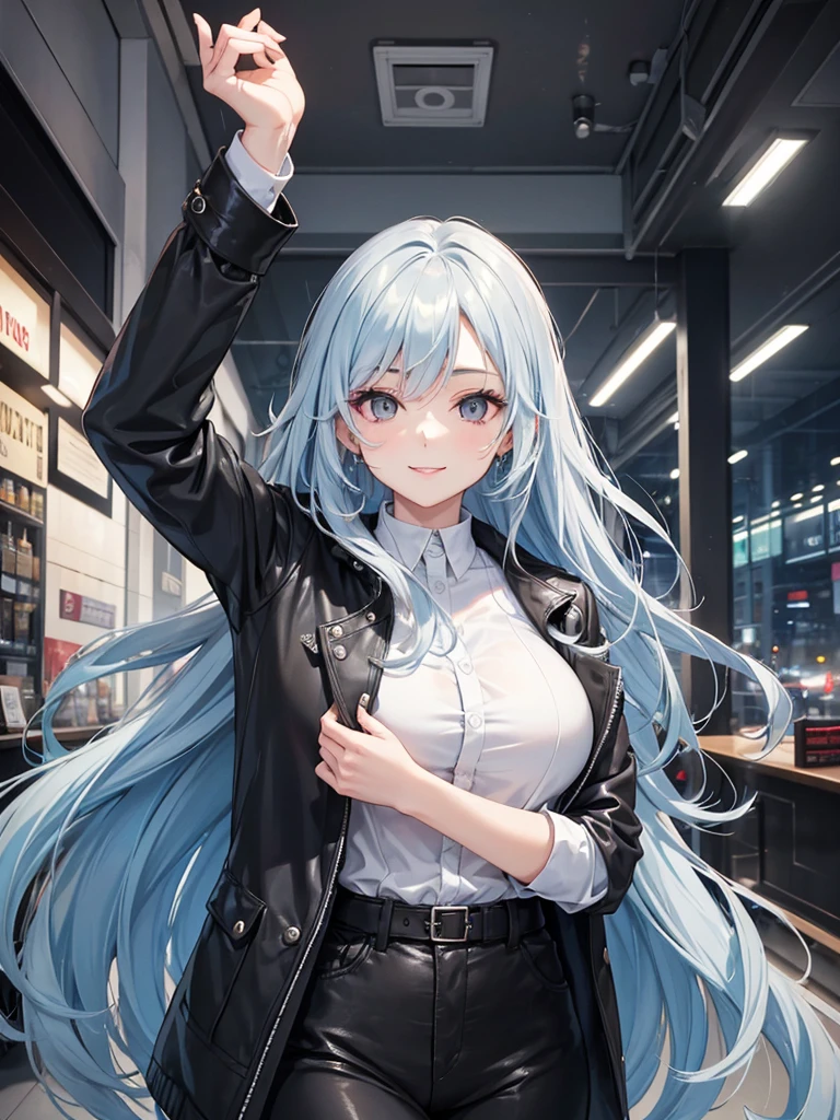 woman, long curry wavy light blue hair, dark gray black eyes, independent woman, kind smile. mature woman. mafia. wear jacket. girl boss.