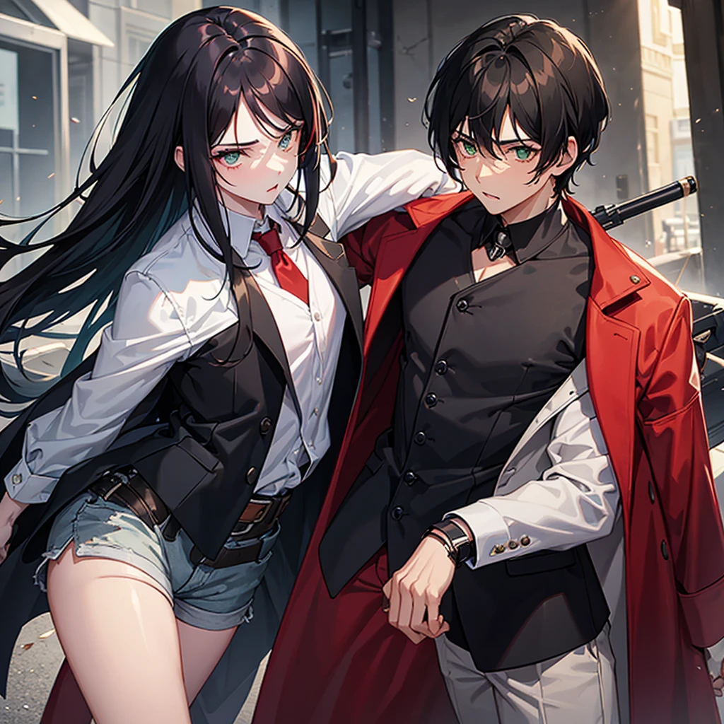 A boy with black hair and red locks in a mafia suit, a gun, brown eyes and white skin.
Next to the boy, a girl with dark brown hair (too much), green eyes and white skin, blue locks, matching black blouse and shorts, loose hair, not too short and bangs and holding a bat