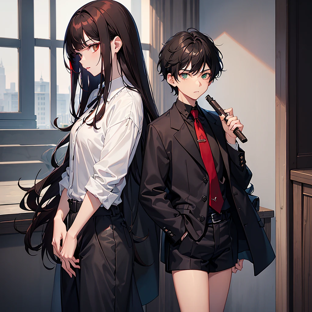 A boy with black hair and red locks in a mafia suit, a gun, brown eyes and white skin.
Next to the boy, a girl with dark brown hair (too much), green eyes and white skin, blue locks, matching black blouse and shorts, loose hair, not too short and bangs and holding a bat
