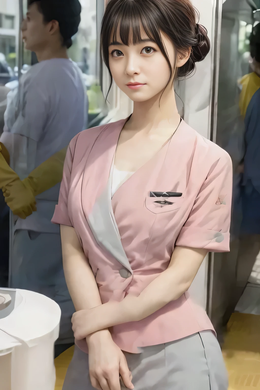 (masterpiece:1.2, Highest quality:1.2), 32k HDR, High resolution, (alone、1 girl)、（On the rooftop of a building in the daytime、Professional Lighting）、Building rooftop background、（Nankai train crew uniform pinkを着たリアルスタイル）、（Nankai train crew uniform pink short sleeve collarless pink jacket、Nankai Train Crew Uniform Pink Collarless Short Sleeve Blouse、Nankai Train Crew Uniform Pink Grey Knee-length Culottes）、（（The bottom of the pink short-sleeved jacket cannot be tucked into the clay-colored culottes.））、Dark brown hair、（Hair tied up、Hair Bun、Hair Bun）、Dark brown hair、Long Shot、Big Breasts、Thin legs、（（Great hands：2.0）），（（Harmonious body proportions：1.5）），（（Normal limbs：2.0）），（（Normal finger：2.0）），（（Delicate eyes：2.0）），（（Normal eyes：2.0））)、（Nankai Train Crew Uniform Pink Grey Knee-length Culottesを見せた美しい立ち姿）、smile