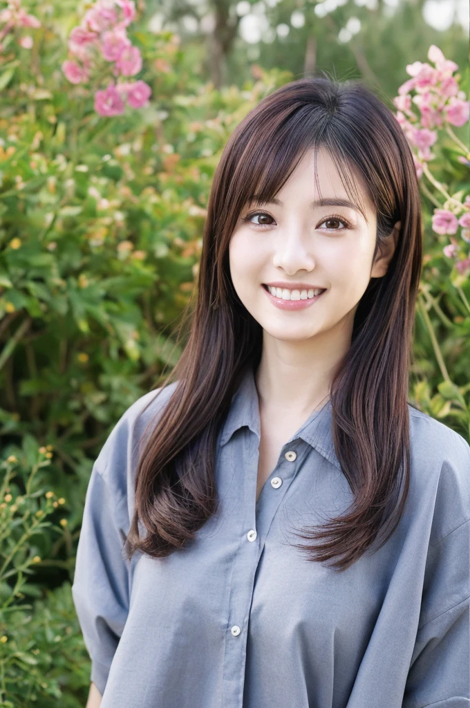 Minami Hamabe,(highest quality,16k,High resolution:1.2),Dark brown long hair,Girls in their 20s,Very detailed,One Girl,A beautiful 26 year old woman,(Minami Hamabe:1.3),(smile),garden,(high quality,ultra detailed,best quality,masterpice,4k,taken by nikon d750:1.0)