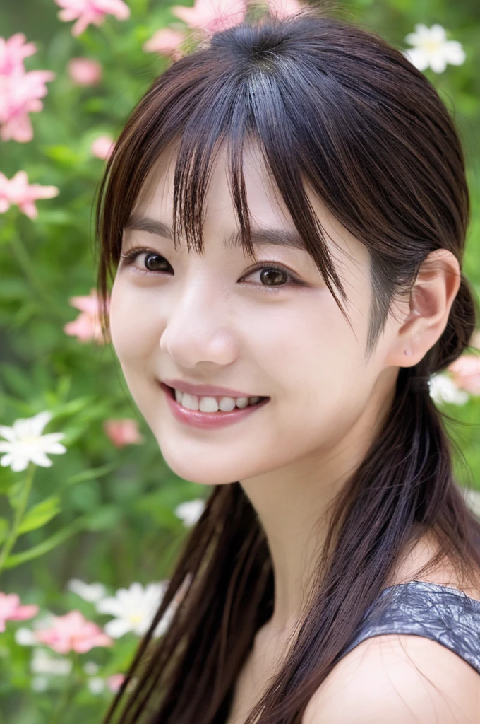 Minami Hamabe,(highest quality,16k,High resolution:1.2),Dark brown long hair,Girls in their 20s,Very detailed,One Girl,A beautiful 26 year old woman,(Minami Hamabe:1.3),(smile),garden,(high quality,ultra detailed,best quality,masterpice,4k,taken by nikon d750:1.0)