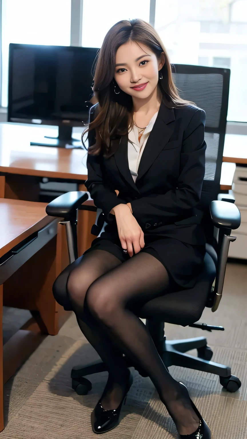 Delicate makeup cool beauty, Accurately express the fine details of the face and skin texture,(The most beautiful face and eyes),26Old woman、 Full body photo、Delicate skin,Looking into the camera、smile、Beautiful teeth alignment、business suit、((sit in office chair:1.3))、(Black Pantyhose:1.2), (pumps)、、 indoor, ,The background is the office