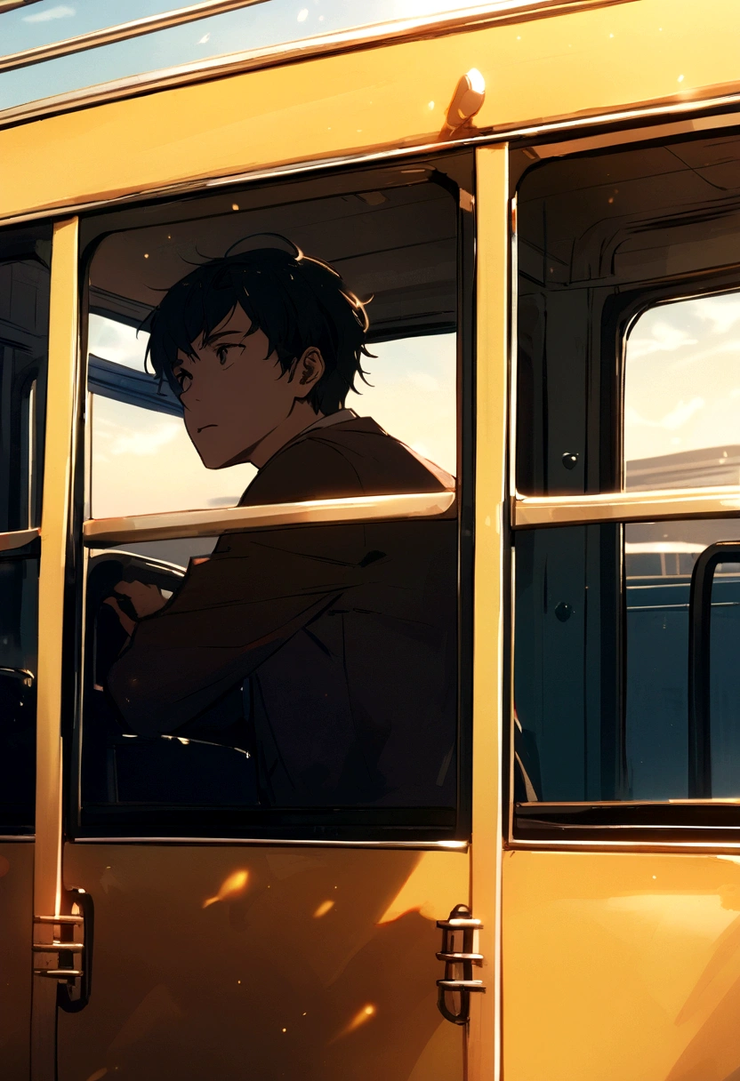 Boy looking out of the windows of a bus car