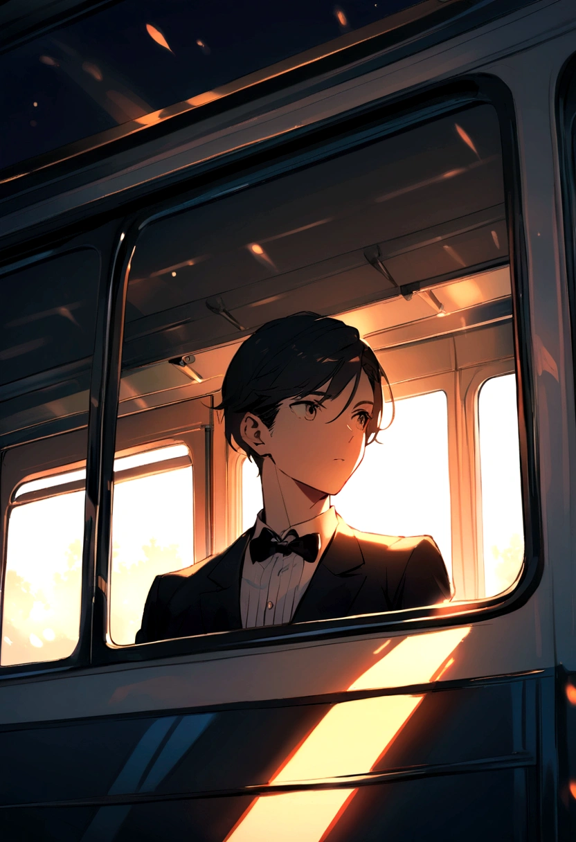 Boy looking out of the windows of a bus car