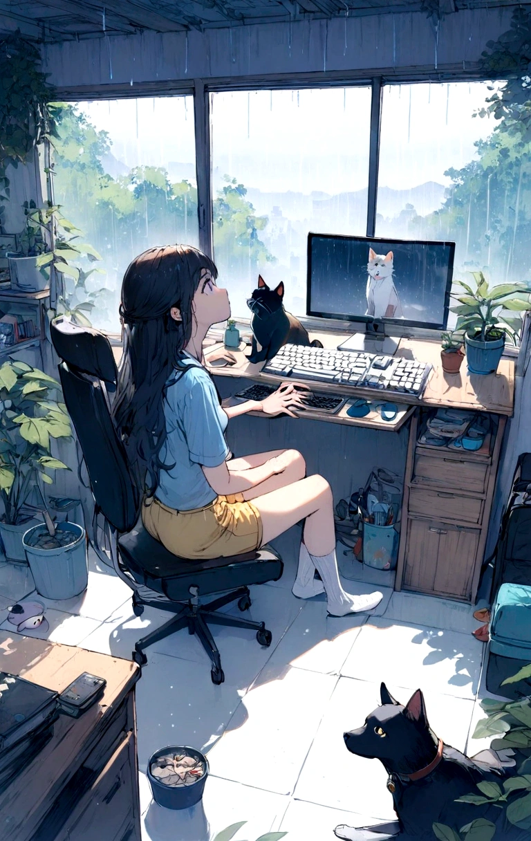 1girl,bookshelf,black hair,chair,indoors,dog,rain,shirt,window,socks,plant,shorts,sitting,computer,book,solo,long hair,potted plant,monitor,shelf,yellow shorts,office chair,short sleeves,keyboard (computer),cat,bag,desk,blue shirt,trash can,english text,profile,mouse (computer),Look up,rain outside the window,shadow of the trees,Perspective,profile,look up,panoramic view,think,free camera