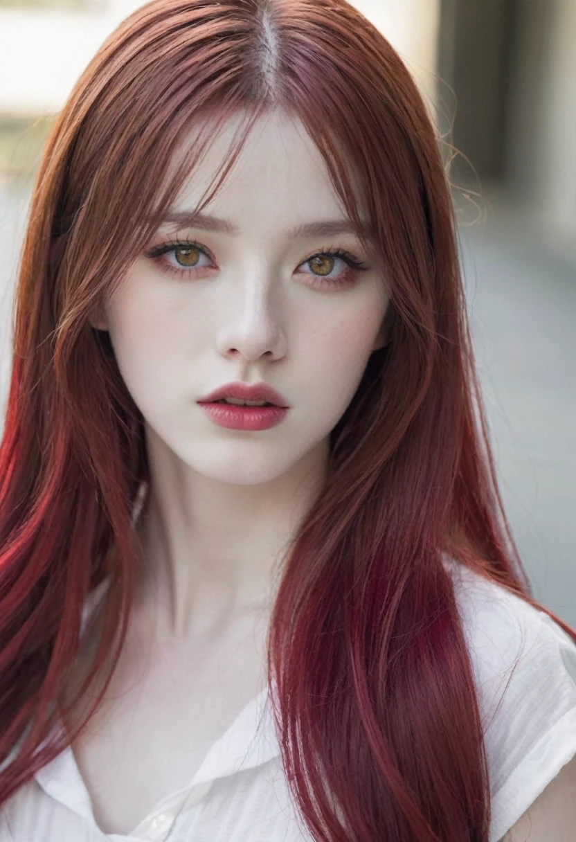 White skin, Red eyes, marked jaw, high, long red hair