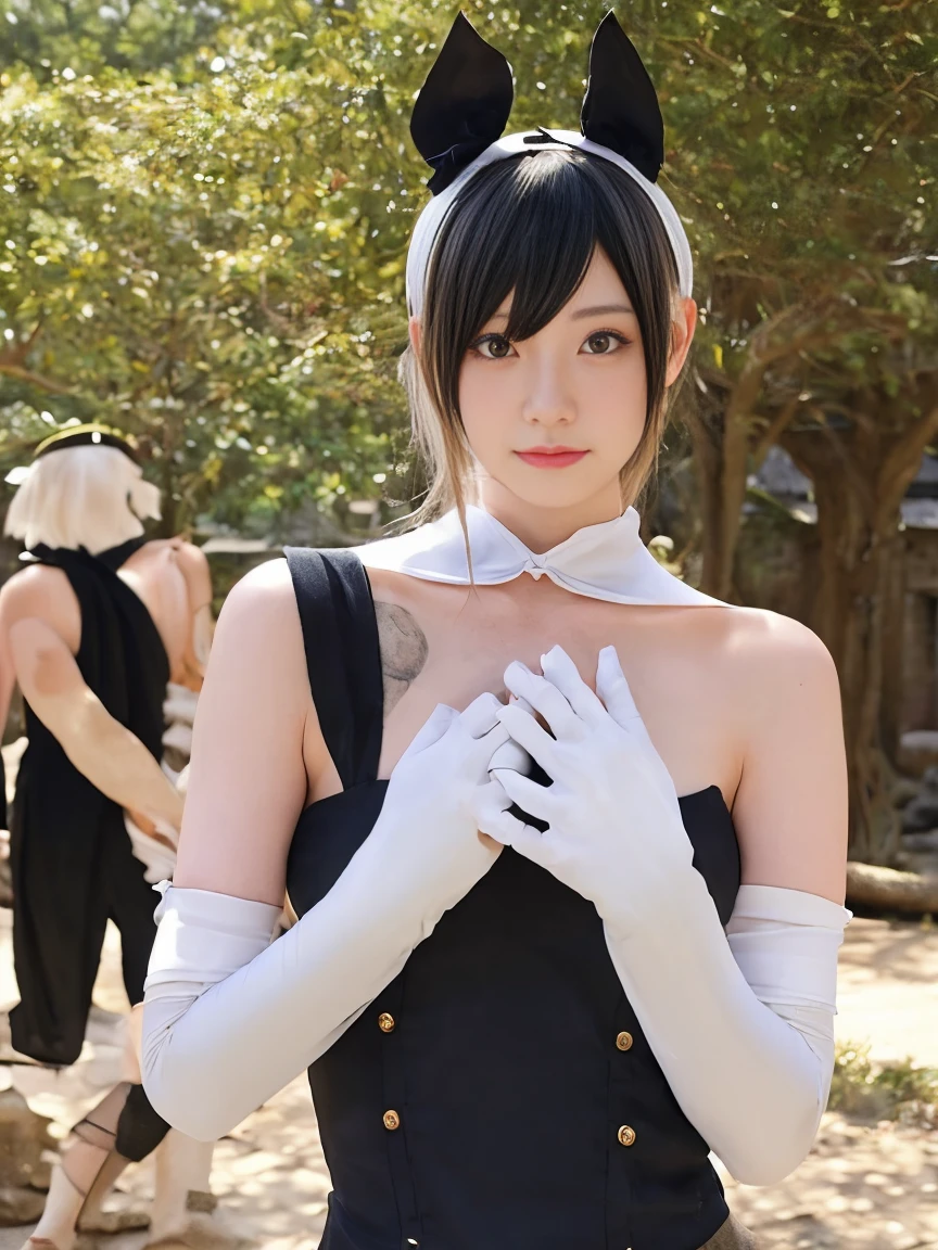 Nier:オートマタの2bの美しいコスプレ、2bのコスプレをした女性、White skin、expensive、21 years old、Englishman、Nier:2b&#39;Automata&#39;s Black Costume、Light background、Against the backdrop of ruins、Standing expensive in the middle of the church、Shooting from an angle、masterpiece、Highest quality、High resolution、Fantasy、Glare、Anime Cosplay Makeup、Real Cosplay Photos、Cool Photos、Full body portrait、Handsome pose、Wrapped in the pale glow of the morning sun、like、happiness、kind、Smooth rendering