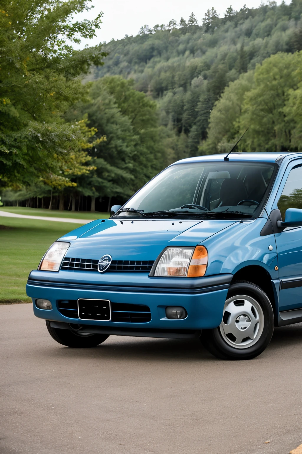 ((Best Quality)), ((Masterpiece)), (blue Geo Metro car on the way to the city)