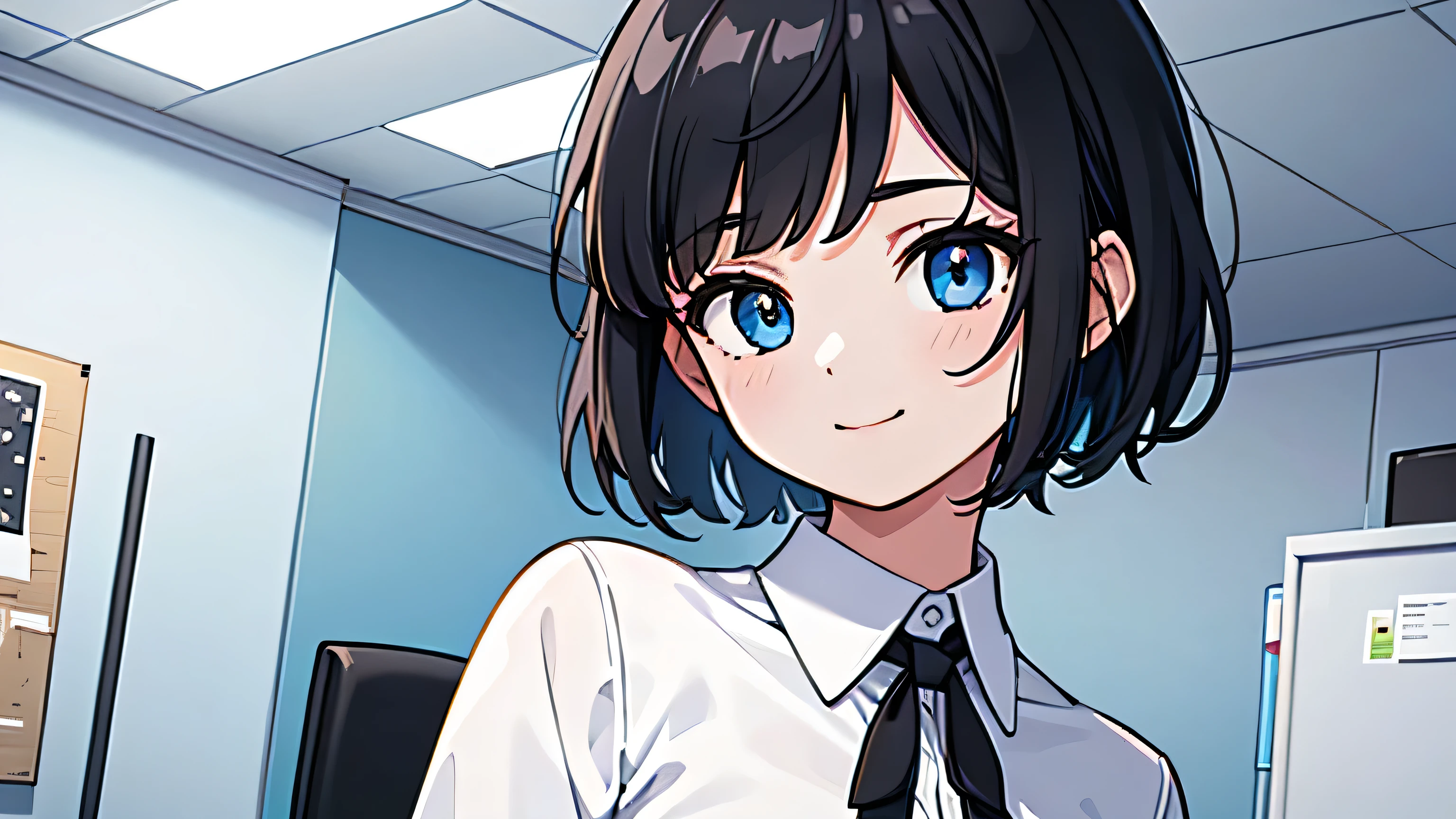 1girl, solo, gentle smile on her face flat chest, short hair, blue eyes, (detailed eyes), black hair, upper body, ((masterpiece, illustration, best quality)) ((best quality)), ((masterpiece)), (detailed), perfect face, Office lady, black hair, short hair, office suit, ultra high resolution, ultra high details