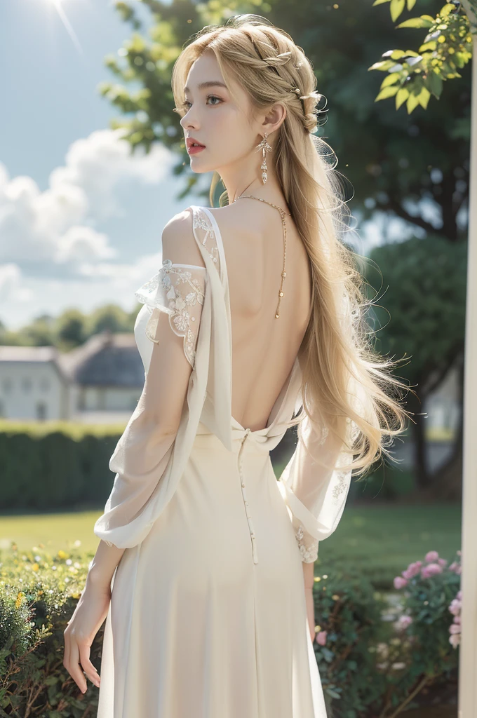 (((best quality))), (((ultra detailed))), (((masterpiece))), illustration,((1 beautiful little girl,solo,angel)),((fair skin,shoulder length straight blonde hair,blue eyes)),((slim,thin)),(earrings,crystal necklace),((bare back,towering hips,butt crack)),joyful expression,(flowing short-sleeved white sheer dress:1.3),((In heaven, garden setting)), vibrant flowers,(colorful flowers:1.3),lush grass, gentle breeze, (clear sky, fluffy clouds, shining sun),((from back,standing,upper body))