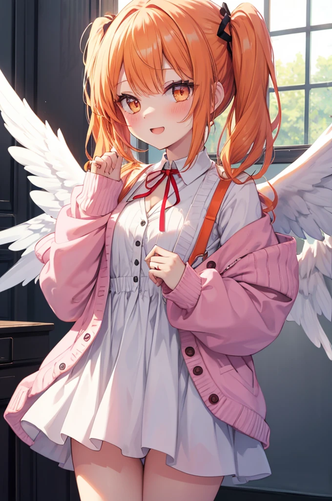 orange hair, orange eyes,girl,Pigtails with the ends tied up,laugh,panties,light and cute,halterneck,White dress,pink cardigan,Nissocks,Angel Wings,angel ring