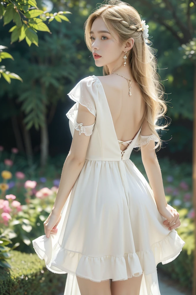 (((best quality))), (((ultra detailed))), (((masterpiece))), illustration,((1 beautiful ,solo,angel)),((fair skin,shoulder length straight blonde hair,blue eyes)),((slim,thin)),(earrings,crystal necklace),((bare back,towering hips,butt crack)),joyful expression,(flowing short-sleeved white sheer dress:1.3),((In heaven, garden setting)), vibrant flowers,(colorful flowers:1.3),lush grass, gentle breeze, (clear sky, fluffy clouds, shining sun),((from back,standing,upper body))