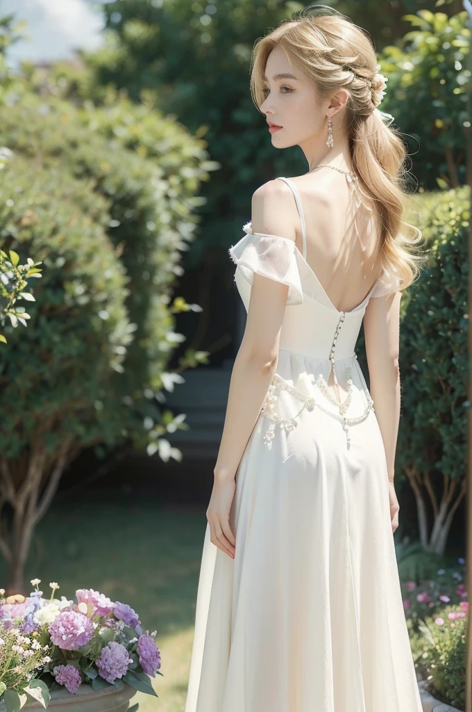 (((best quality))), (((ultra detailed))), (((masterpiece))), illustration,((1 beautiful little girl,solo,angel)),((fair skin,shoulder length straight blonde hair,blue eyes)),((slim,thin)),(earrings,crystal necklace),((bare back,towering hips,butt crack)),joyful expression,(flowing short-sleeved white sheer dress:1.3),((In heaven, garden setting)), vibrant flowers,(colorful flowers:1.3),lush grass, gentle breeze, (clear sky, fluffy clouds, shining sun),((from back,standing,upper body))