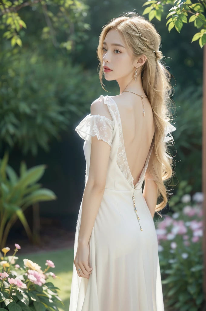 (((best quality))), (((ultra detailed))), (((masterpiece))), illustration,((1 beautiful ,solo,angel)),((fair skin,shoulder length straight blonde hair,blue eyes)),((slim,thin)),(earrings,crystal necklace),((bare back,towering hips,butt crack)),joyful expression,(flowing short-sleeved white sheer dress:1.3),((In heaven, garden setting)), vibrant flowers,(colorful flowers:1.3),lush grass, gentle breeze, (clear sky, fluffy clouds, shining sun),((from back,standing,upper body))