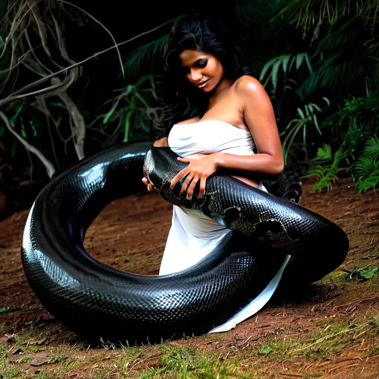  Pregnant Happy Horny, aroused 1girl), beautiful kneeling indian thick young  girl  with  giant colossal black titanboa squeezing her hard, wrapped in thick spiraling coils, constricted, struggle, gasping for air, snake attack, snake peril, moonless night, dim light