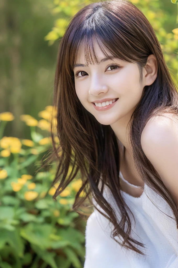 Minami Hamabe,(highest quality,16k,High resolution:1.2),Dark brown long hair,Girls in their 20s,Very detailed,One Girl,A beautiful 26 year old woman,(Minami Hamabe:1.3),(smile),garden,(high quality,ultra detailed,best quality,masterpice,4k,taken by nikon d750:1.0)