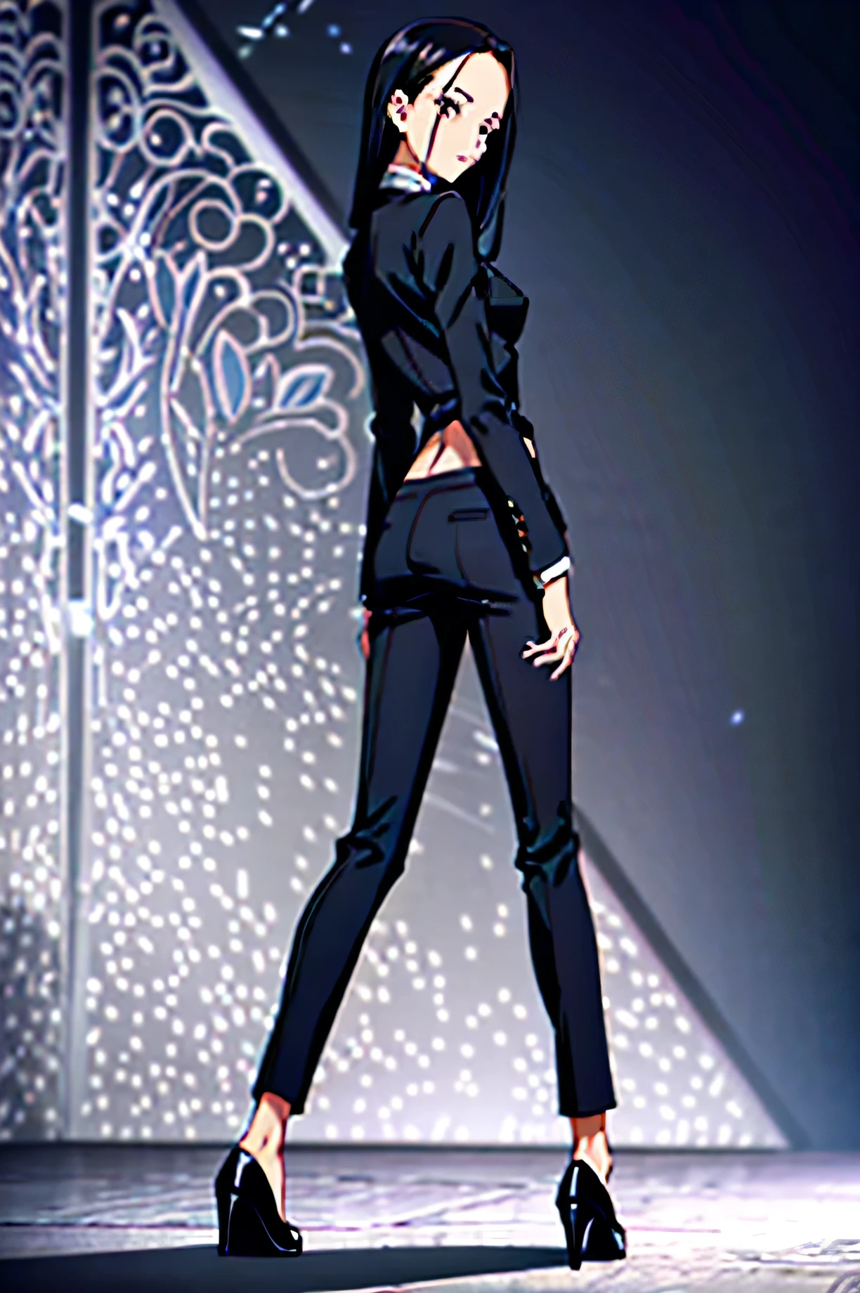 One woman,Best Quality,whole body,Cool Beauty,all back,Exposed forehead,Slit eyes,Suit pants,Long legs,Long delicate black hair