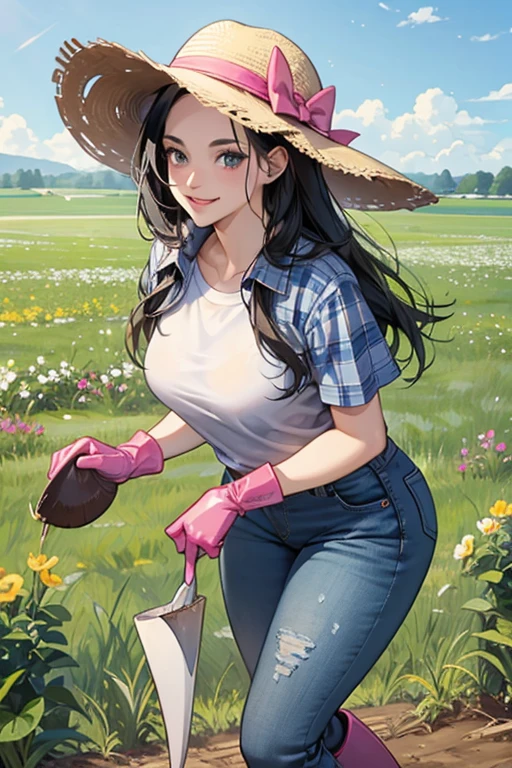 A broad-forehead, black-haired mature woman wearing a blue flannel shirt, large pink rubber gloves, arm covers, white rubber boots, a hat, jeans, and a gentle smile as she digs up potatoes in a field