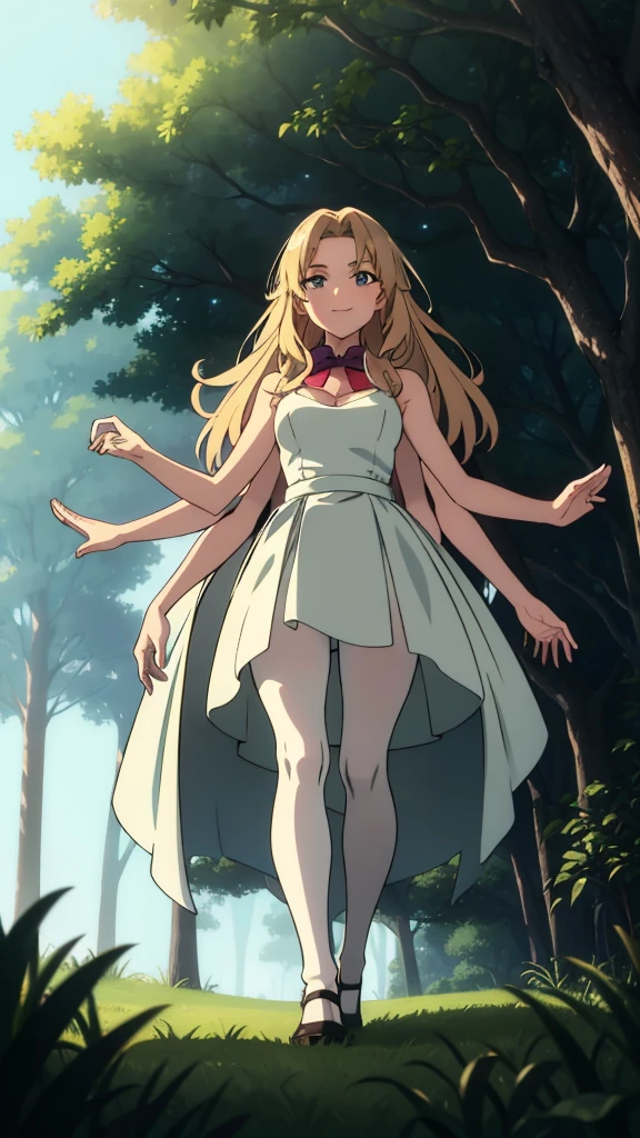 , at day, best lighting and shadow, amazing quality, very beautiful color, delicate face, cinematic lighting, by sage joh,(1girl,20 years old,mature female),blonde hair,long hair,white dress, sleeveless, bow tie, bare shoulders,smile,cleavage,pantyhoses,walking in a forest,from below,extra arms,four arms