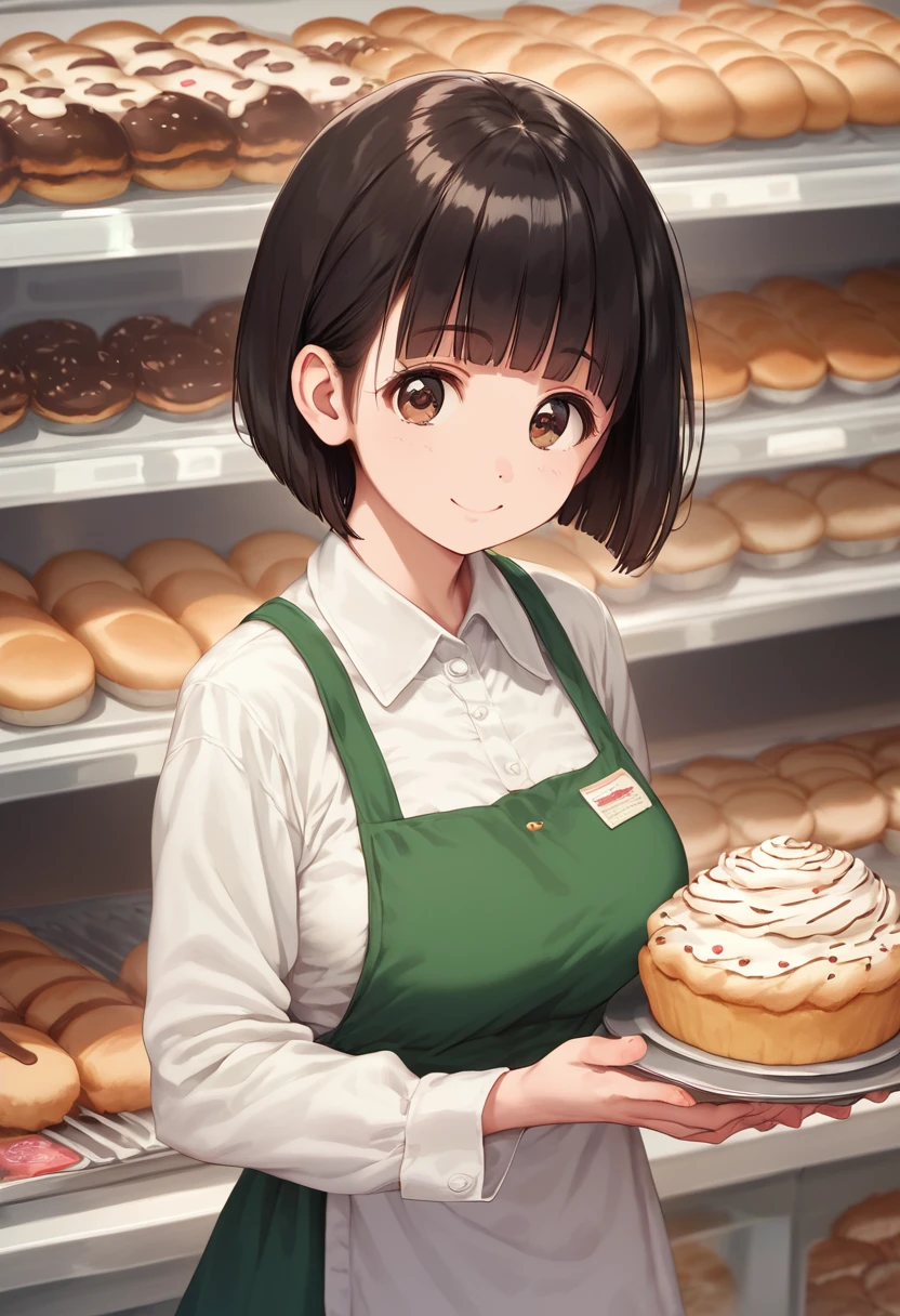 score_9,score_8_up,score_7_up,masterpiece,best quality, source anime, realistic, super detailed, extreme detailed, rating_safe,
1girl, solo, 22yo, short hair, bob cut, (blunt bangs), black hair, (tareme, detailed cute brown eyes), curled eyelashes, (large breasts:0.9),
shiny hair, beautiful detailed eyes, beautiful face,
store waitress, apron, sweater, skirt, neat, sales girl,
smile, Pretty girl who attracts customers,
bakery,