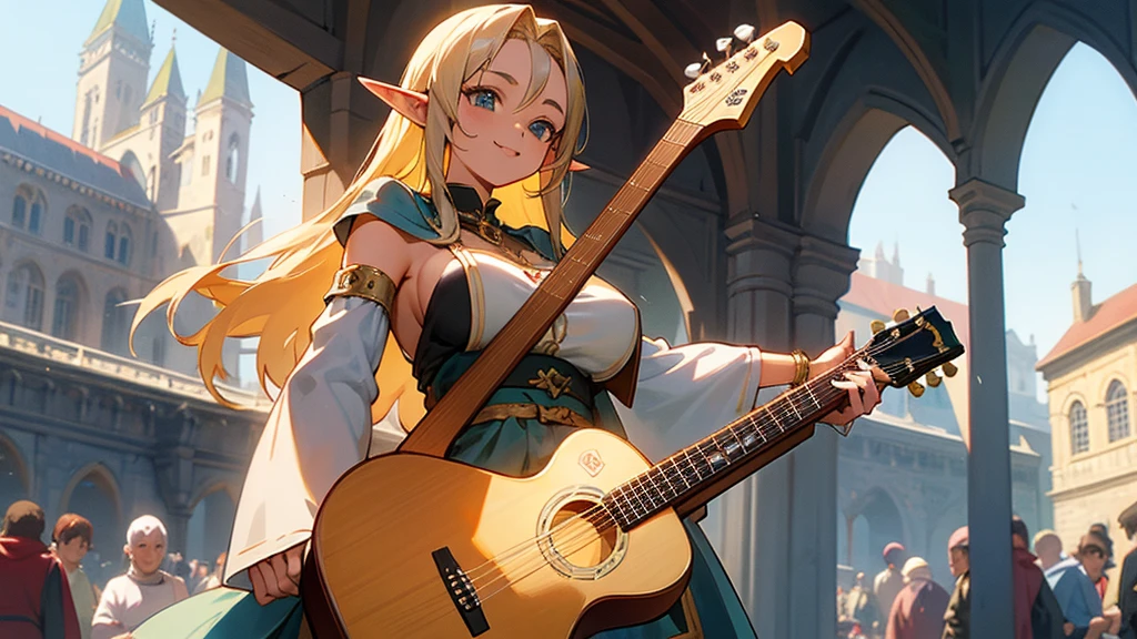 Anime Style,Nostalgic,Detailed background,The medieval world,In a busy square with many people,Smiling bard beautiful elf girl,guitar,Large Breasts,Underarm