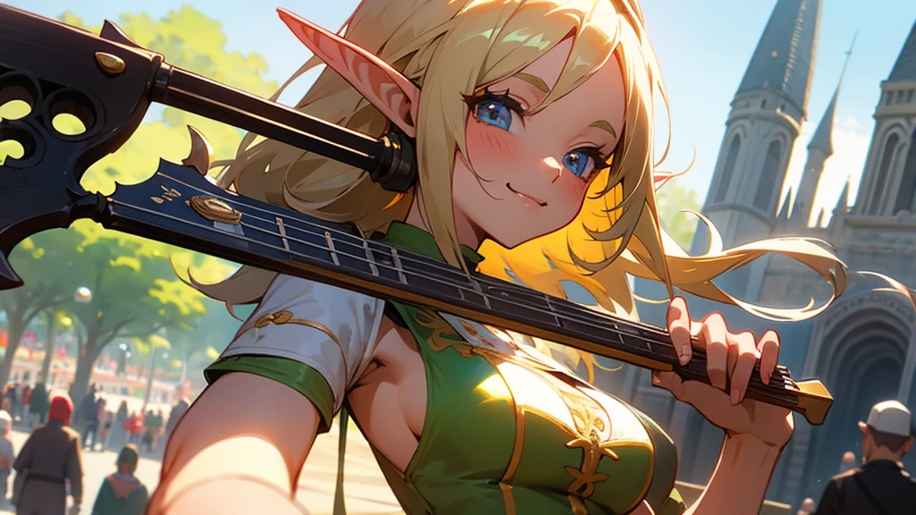 Anime Style,Nostalgic,Detailed background,The medieval world,In a busy square with many people,Smiling bard beautiful elf girl,guitar,Large Breasts,Underarm