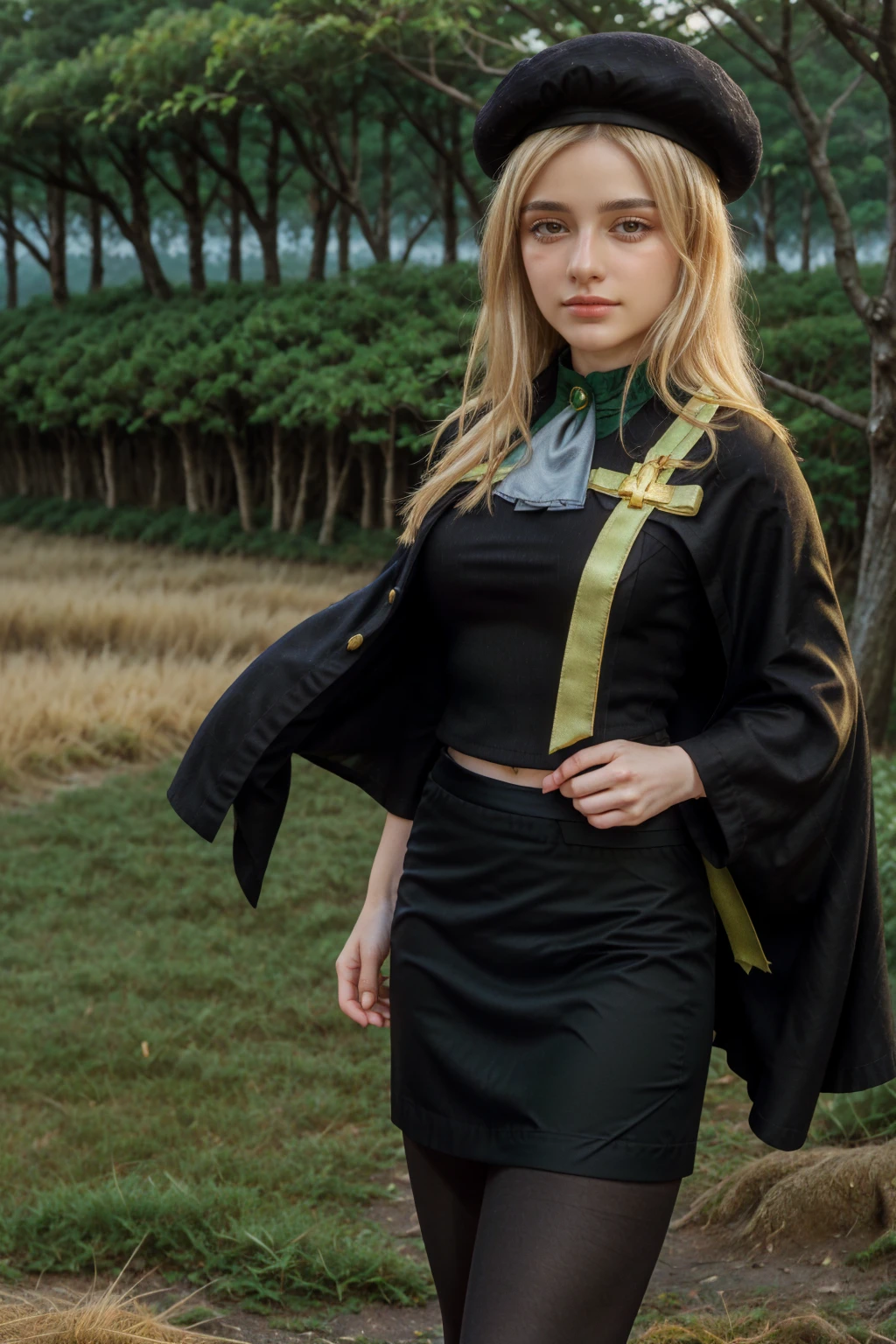 1 girl, best quality, ((Miyo)), tarankaaa, perfect face, beautiful smile, 30 years old, ((ascot,uniform, black skirt, cross, ribbon, gold blonde hair, emerald, beret, cape, pantyhose)), ((perfectly drawn hands)), perfect body, bare tree, bush, fog, forest, grass, nature, outdoors, plant, scenery, solo, standing, tree, 32k photograph, ((perfect eyes, detailed eyes,realistic eyes)), ((sharp face, detailed face, realistic face, natural skin, realistic skin, detailed skin, pores)), full body, tone mapping, asian-european, ((masterpiece)), ((highres)), ((detailed background)), japanese village background, night, big proportions, (abdomen is covered)