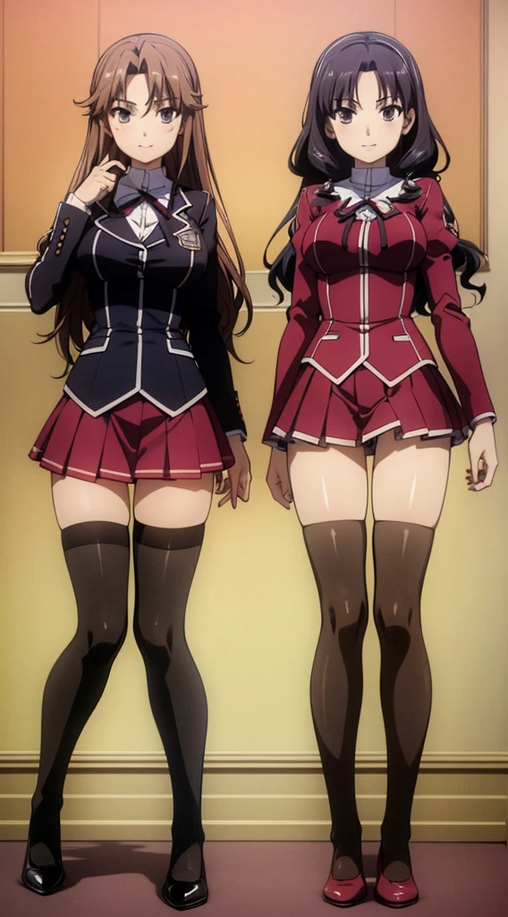 Masterpiece, high quality, 2girls, duo, identical twins, identical sisters, brown hair, curly hair, matching hairstyles, hazel eyes, medium sized bust, (school uniform, sexy school uniform, blazer, lace section, ribbon, rainbow short skirt, white thigh-high socks, black high heels, matching outfits), smile, flat_color, full body, seductive pose, duo pose