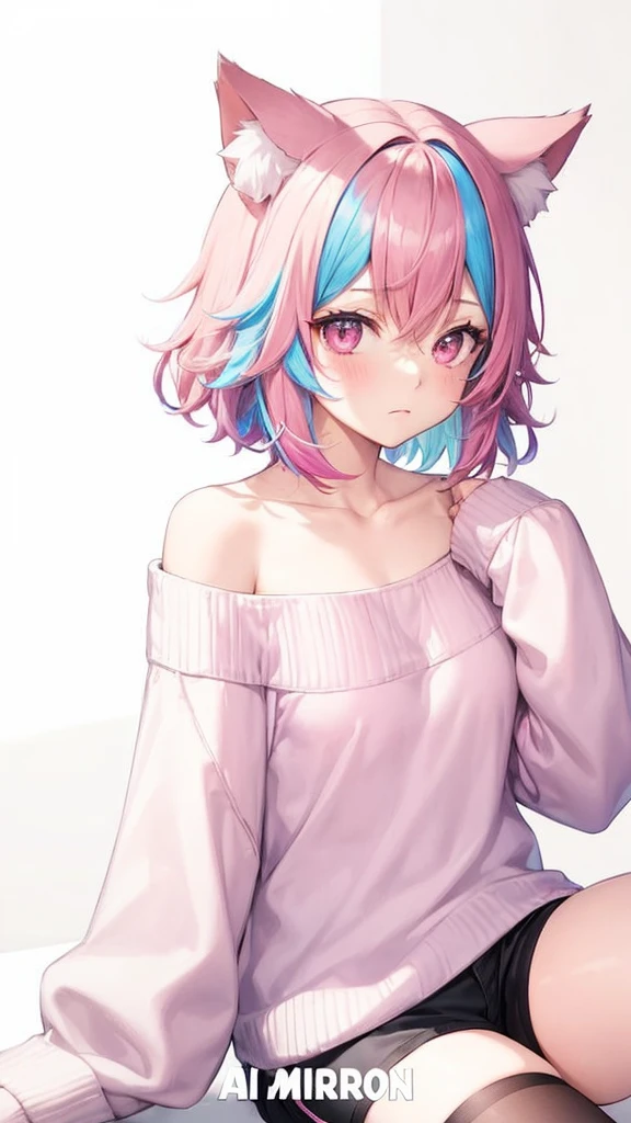 1girl, solo, looking at viewer, short hair, brown hair, thighhighs, long sleeves, animal ears, sitting, collarbone, pink hair, multicolored hair, shorts, cat ears, off shoulder, sweater, streaked hair, sleeves past wrists, black shorts, :<, off-shoulder sweater