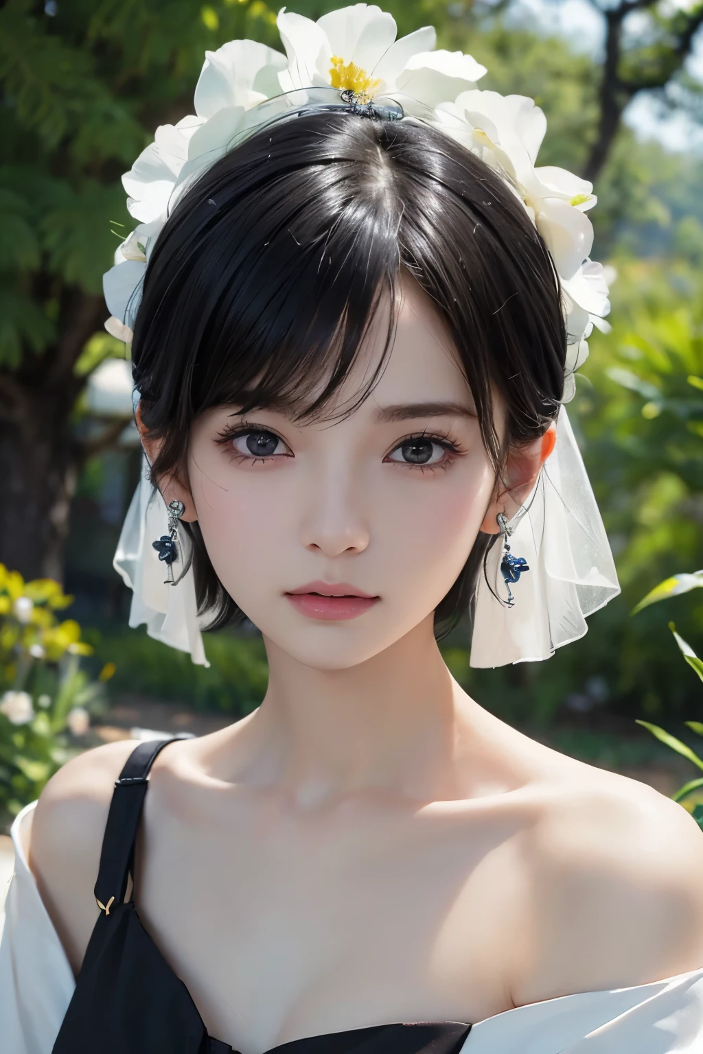(((Black Short Hair))), (grassland), Seductive pose, 背景がgrassland、Image from chest up:1.6)、Close-up portrait of a woman wearing a white off-the-shoulder top dress and earrings, Soft portrait shot 8k, Nice delicate face, High-quality 4K portraits, High-quality portraits, Soft, perfect, pale skin, 8K Highly Detailed Face, なbeautiful繊細な顔, beautiful光の大きな目, Beautiful and realistic face, beautiful14Old woman, Beautiful and realistic face, cute14Old woman