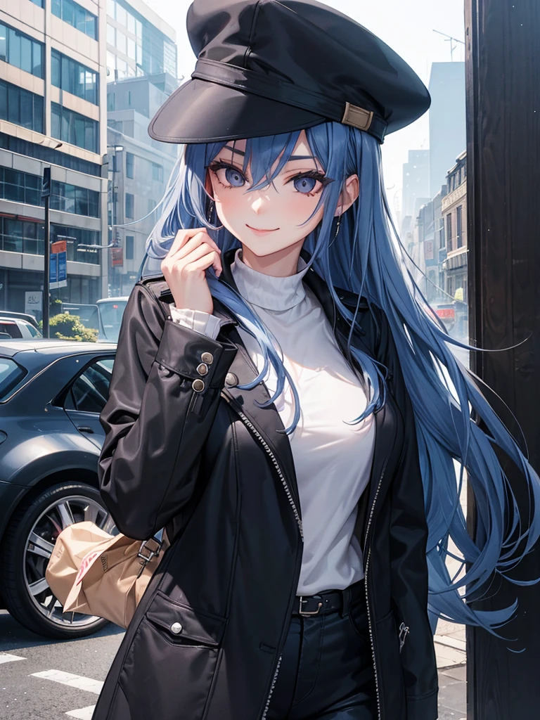 woman, long curry wavy steel blue hair, dark gray black eyes, independent woman, kind smile. mature woman. mafia. wear jacket. girl boss.