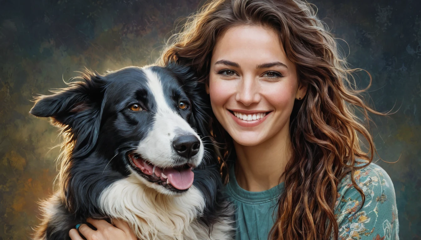 half body,
a woman smile with her best friend her Borzoi dog,
dark complex background, style by Thomas Kinkade+David A. Hardy+Carne Griffiths+Mandy Disher half vivid colors fine art, best quality, high detailed, detailed faces, 2d,