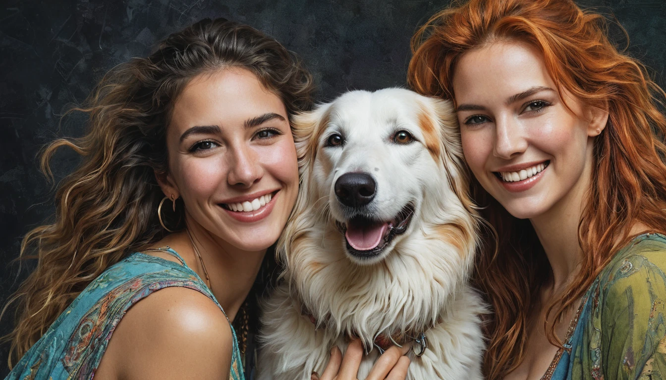 half body,
a woman smile with her best friend her Borzoi dog,
dark complex background, style by Thomas Kinkade+David A. Hardy+Carne Griffiths+Mandy Disher half vivid colors fine art, best quality, high detailed, detailed faces, 2d,