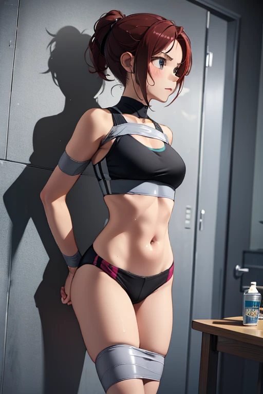 masterpiece, (best quality), girl in a sports bra (arms behind back:1.5), breasts bondage, arms bondage, legs bondage) being kissed by a girl in a bikini