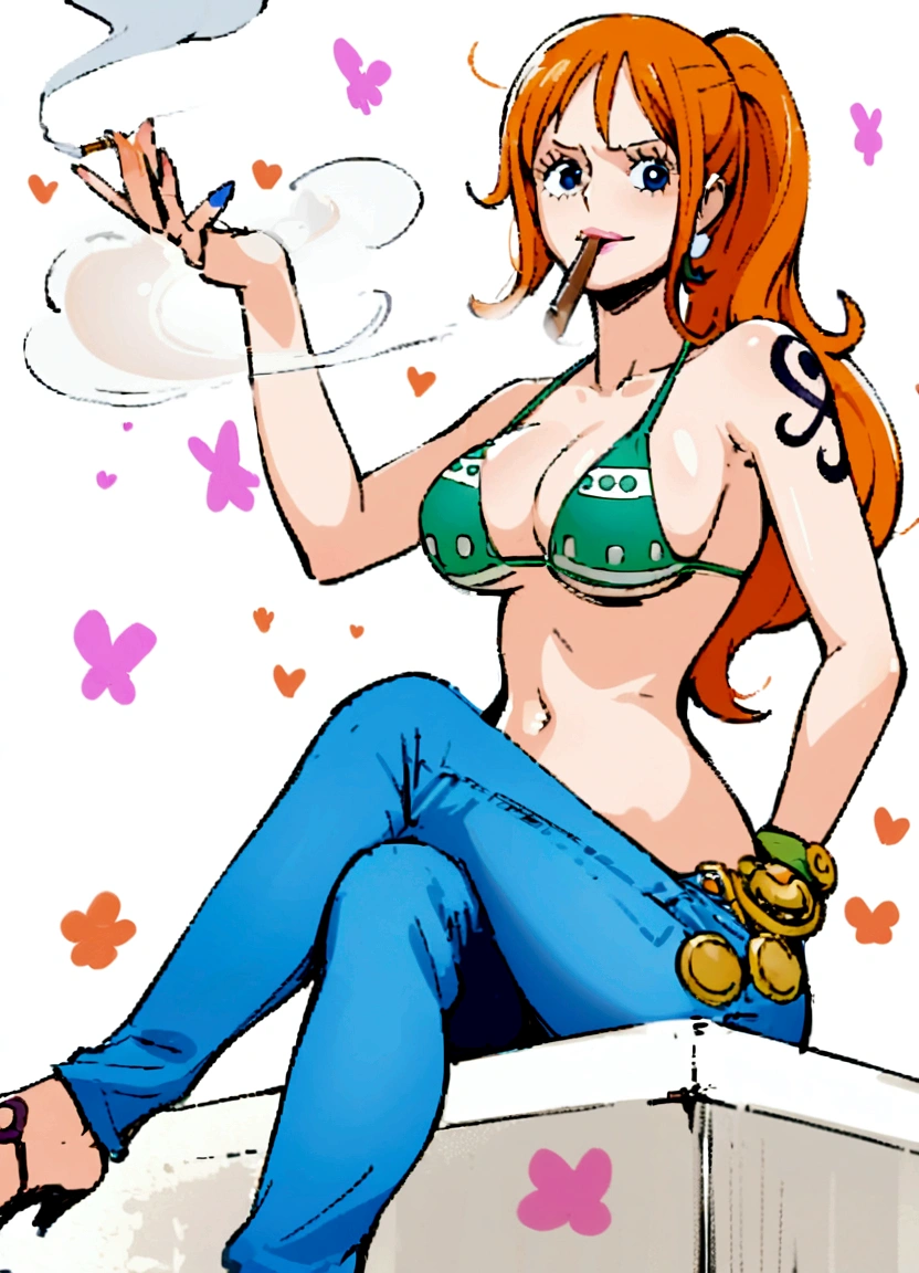 a cartoon picture of a woman in a bikini top and jeans, nami one piece, nami from one piece, nami, beautiful portrait of nami, from one piece, oppai, blue eyes, smoking, ponytail, nsfw