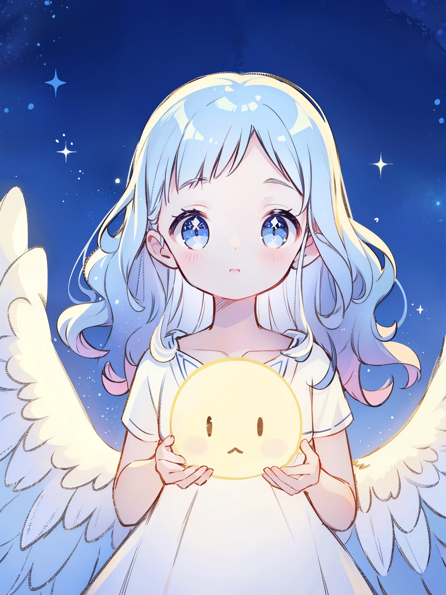 angel girl wearing an ethereal white dress made of feathers, pale skin, ((blue gradient wavy hair)), white feathers, angel wings, sparkling detailed eyes, golden ratio face, perfect composition, highly detailed, ethereal, (starry night sky background), midjourney style