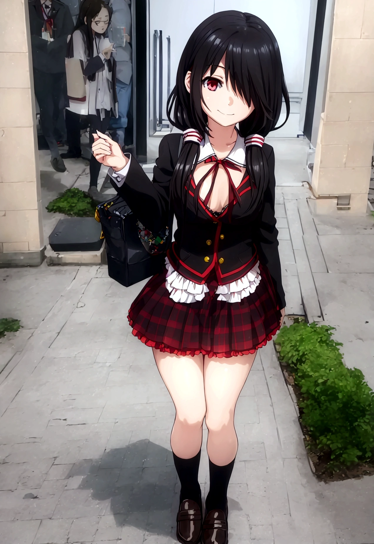 ultra-detailed,highly detailed,best quality,masterpiece,illustration,realistic, photo,photorealistic,
1girl, tokisaki kurumi,cosplay,hair over one eye, looking at viewer, happy girl,low twintails,
, hotpants, neck ribbon, hair rings, loafers,
Outdoors, walking, streets
