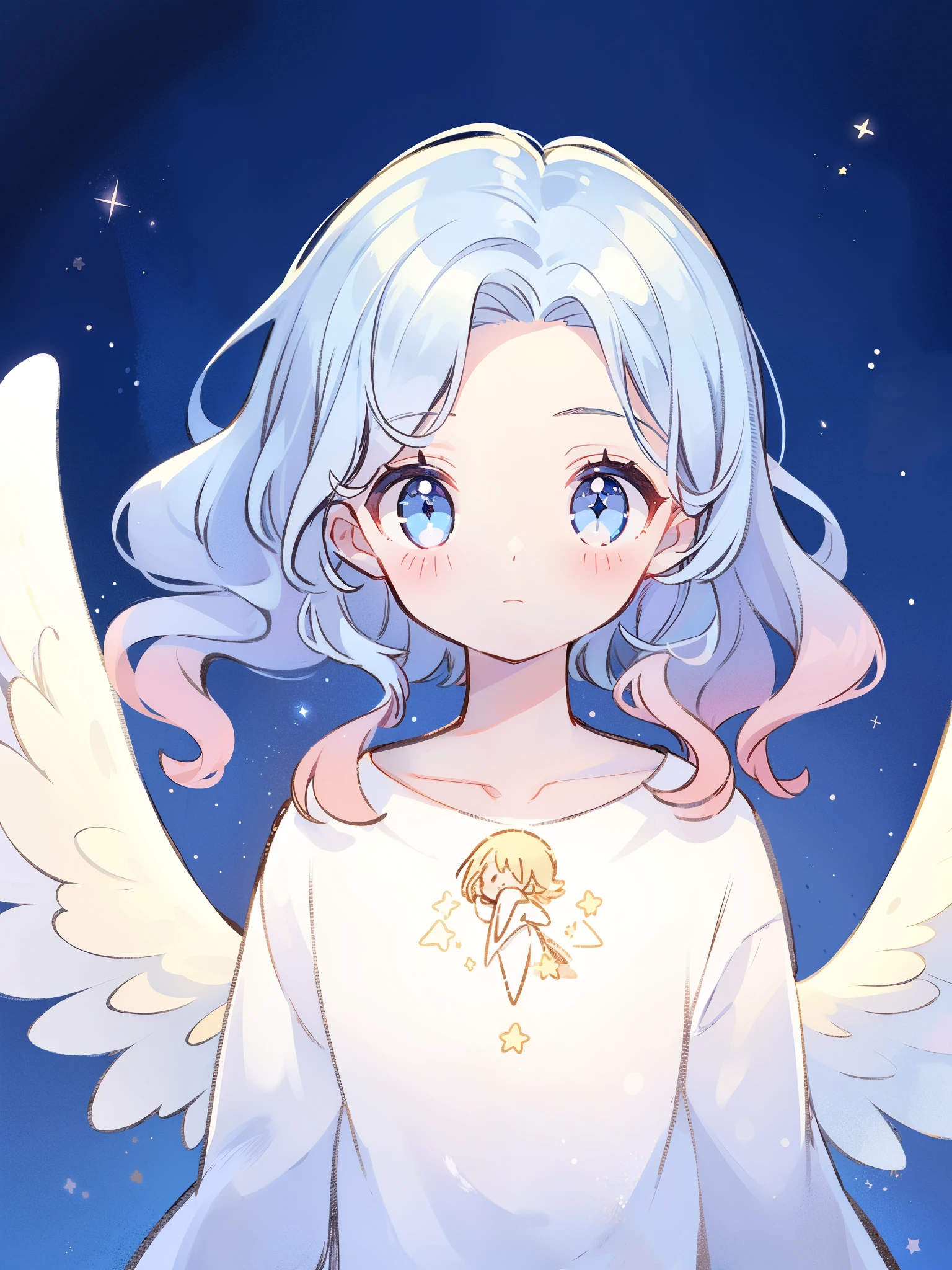 angel girl wearing an ethereal white dress made of feathers, pale skin, ((blue gradient wavy hair)), white feathers, angel wings, sparkling detailed eyes, golden ratio face, perfect composition, highly detailed, ethereal, (starry night sky background), midjourney style