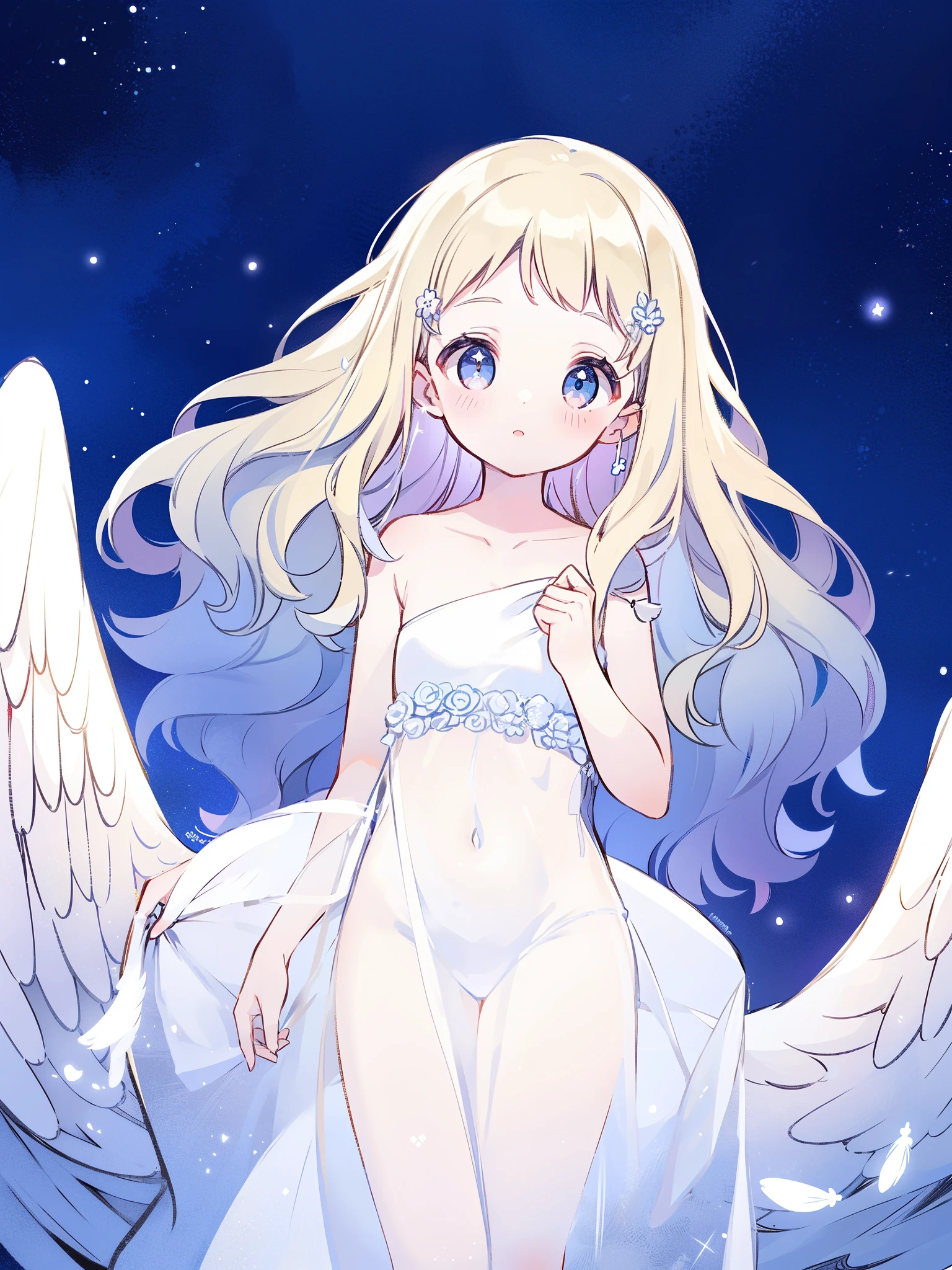 angel girl wearing an ethereal white dress made of feathers, pale skin, ((blue gradient wavy hair)), white feathers, angel wings, sparkling detailed eyes, golden ratio face, perfect composition, highly detailed, ethereal, (starry night sky background), midjourney style
