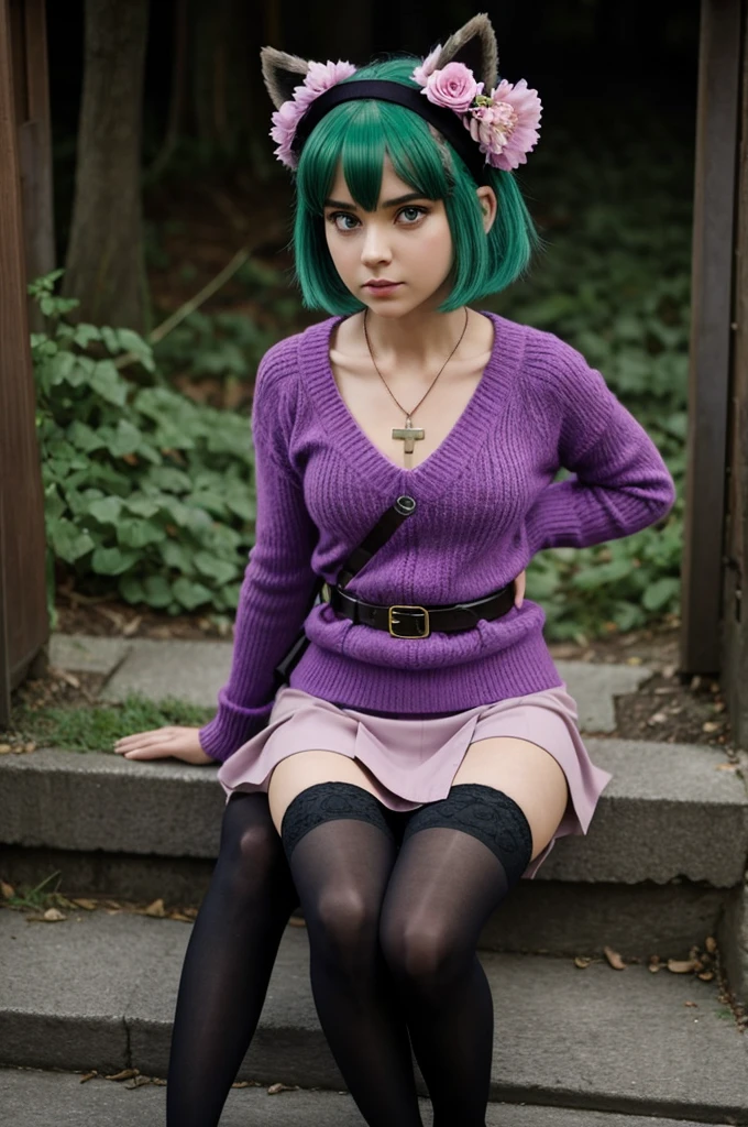 Your name is Patricia, is a girl with green hair and raccoon ears, a fuller body, short hair, wearing a pink sweater with straps, a cross necklace, and a dark purple short skirt with a belt, with psychic powers similar to Ness from EarthBound, green eyes, with a tail that has green fur like her ears, and she insists that the character looks cute, wearing dark purple stockings with flower patterns like roses on her head, and looking very sad