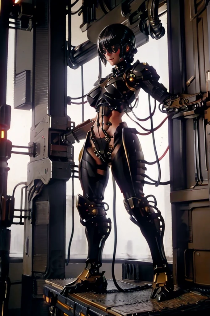 A full-length figure of a cool girl wearing a detailed steampunk armored suit. Exposed wiring, lots of cords and tubes connecting to the system. 