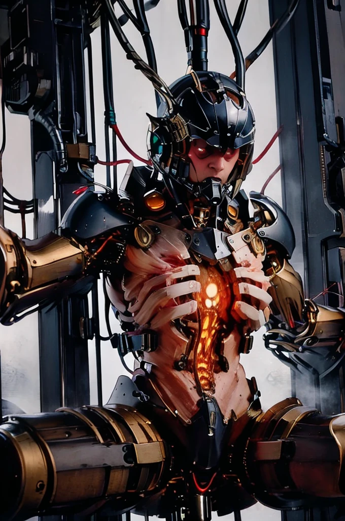 A full-length figure of a cool girl wearing a detailed steampunk armored suit. Exposed wiring, lots of cords and tubes connecting to the system. 