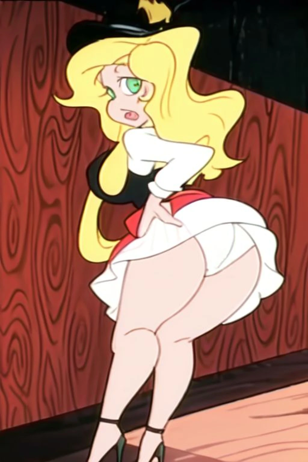 a cartoon picture of a woman in a dress and heels, anime barbie in white stockings, succubus in tight short dress, , star butterfly, in dress, side pose, cel shaded anime, white skirt and barechest, closeup view, , super, lola bunny fanart, shapely derriere, cell shaded adult animation, heart print panties