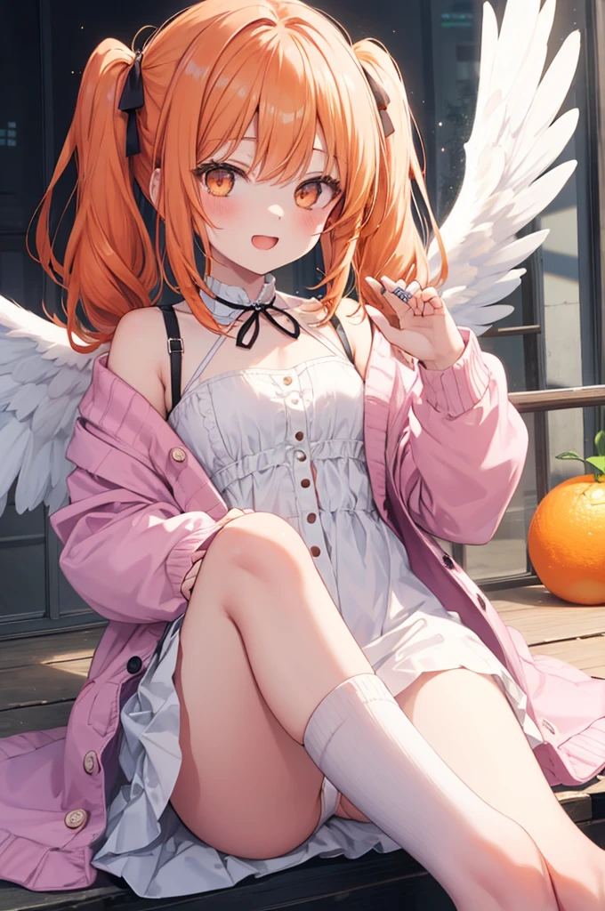 orange hair, orange eyes,girl,Pigtails with the ends tied up,laugh,panties,light and cute,halterneck,White dress,pink cardigan,Nissocks,Angel Wings,angel ring