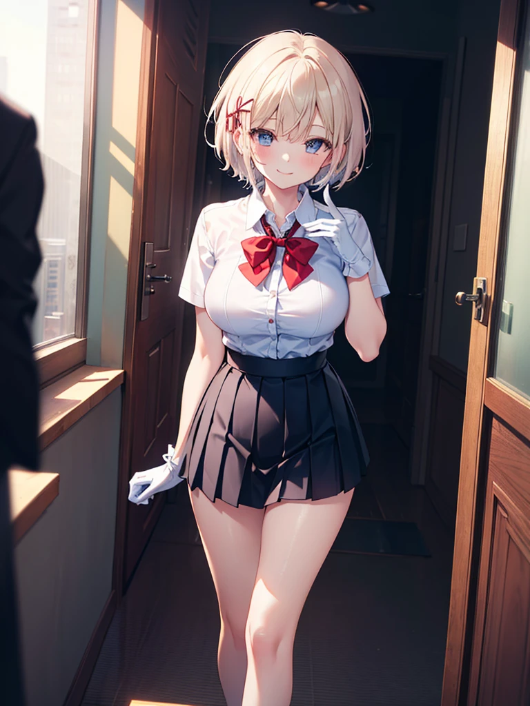 (8K, RAW photos, best quality, masterpiece:1.2), (Practical, photo-Practical:1.37), Extremely detailed, 1 girl,Lovely, Solitary,Beautiful and detailed sky,(Red and swollen nose),(Smile:1.1),(Shut up),Large Breasts, seductive Smile, Big Apartment, Professional lighting, Sony A7R4, Jersey 50mm F1.8, Medium breasts,Beautiful and delicate eyes,(Collared shirt:1.1), bow tie,Pleated Skirt,(short hair:1.2),Flowing hair ,Long hair,White gloves,Eyes with highlights,miniskirt,Slender legs,High heel