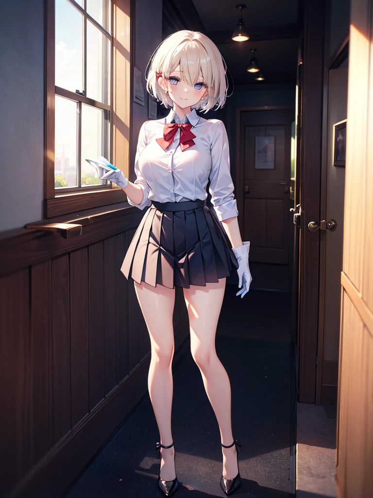 (8K, RAW photos, best quality, masterpiece:1.2), (Practical, photo-Practical:1.37), Extremely detailed, 1 girl,Lovely, Solitary,Beautiful and detailed sky,(Red and swollen nose),(Smile:1.1),(Shut up),Large Breasts, seductive Smile, Big Apartment, Professional lighting, Sony A7R4, Jersey 50mm F1.8, Medium breasts,Beautiful and delicate eyes,(Collared shirt:1.1), bow tie,Pleated Skirt,(short hair:1.2),Flowing hair ,Long hair,White gloves,Eyes with highlights,miniskirt,Slender legs,High heel