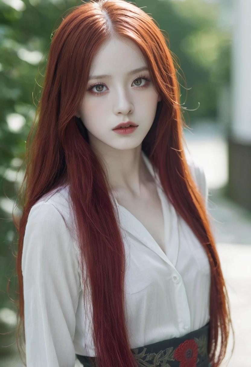 White skin, Red eyes, marked jaw, high, very long red hair 