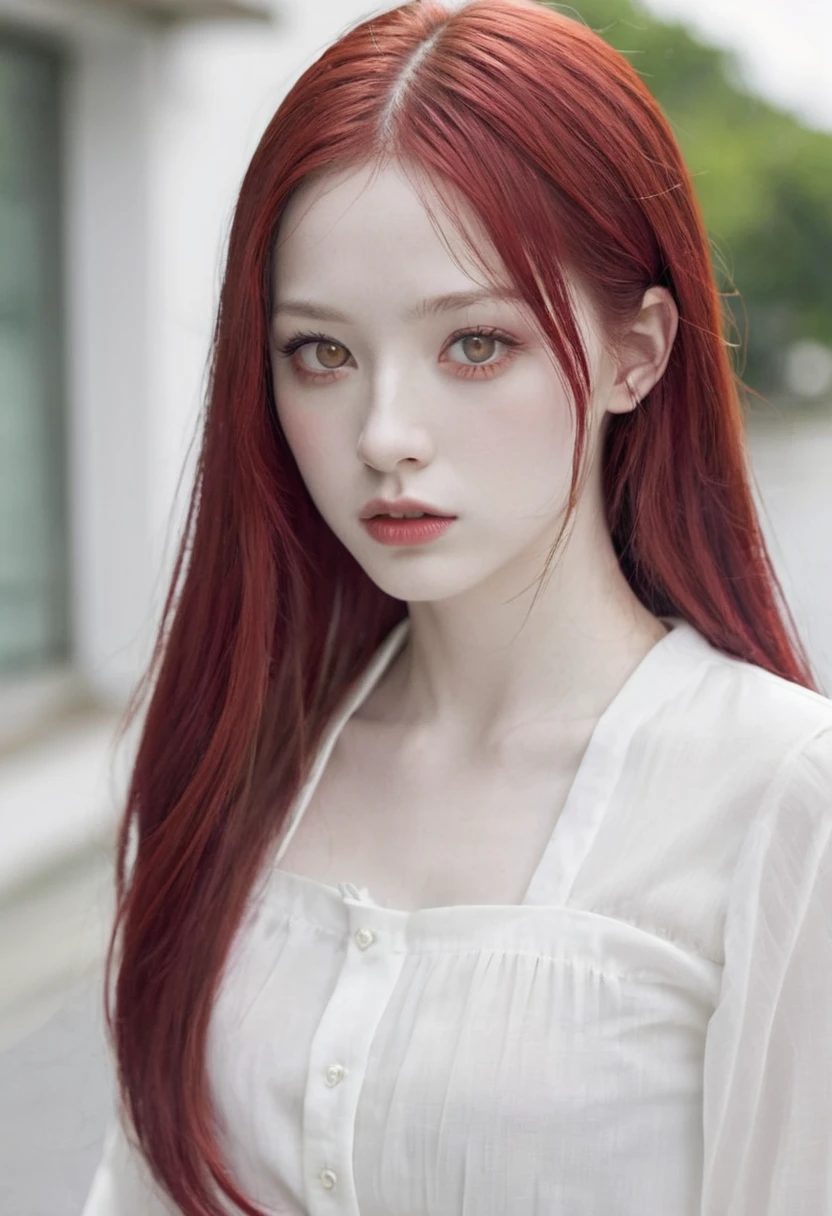 White skin, Red eyes, marked jaw, high, very long red hair